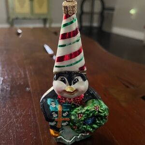 Festive Penguin Holiday Figurine with Striped Hat
